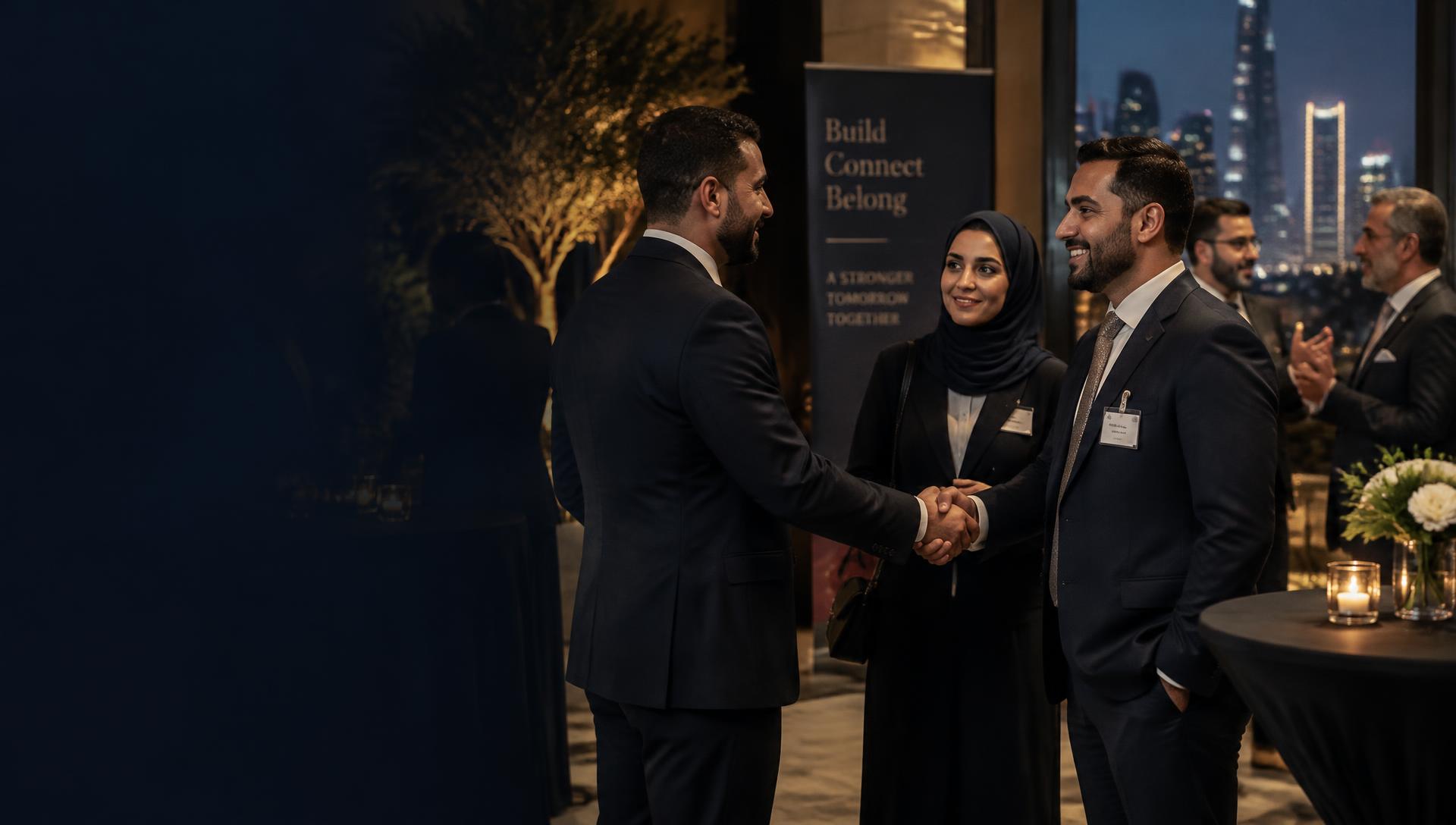 Professionals making new connections at a networking reception