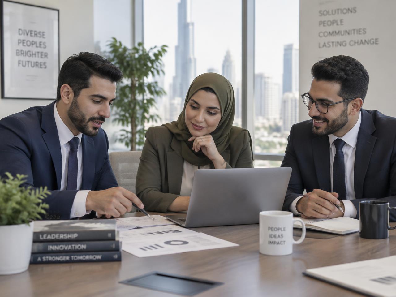 Iraqi American professionals sharing ideas around a conference table
